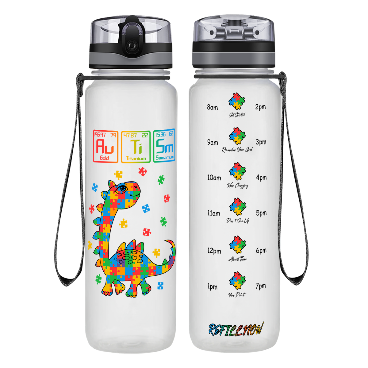 Scientific Autism Dinosaur Puzzle on 32 oz Motivational Tracking Water Bottle