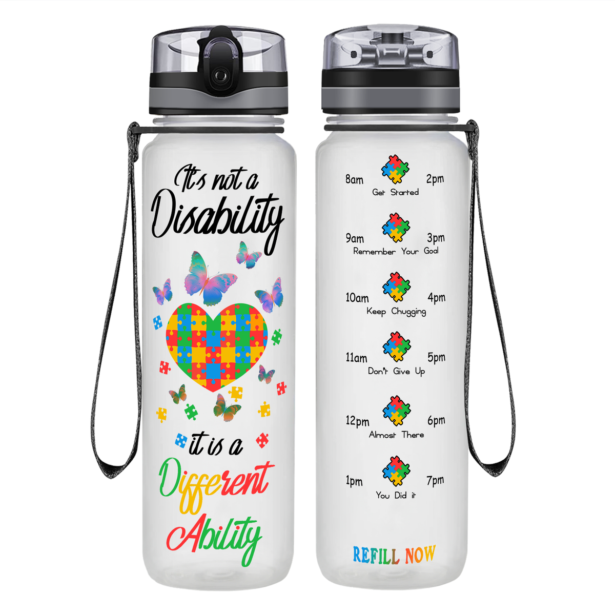 Autism Colorful Butterfly Different Ability on 32 oz Motivational Tracking Water Bottle
