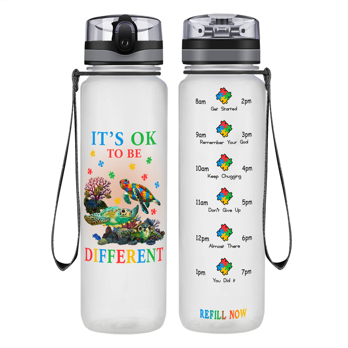 Okay To Be Different Autism Turtle on 32 oz Motivational Tracking Water Bottle
