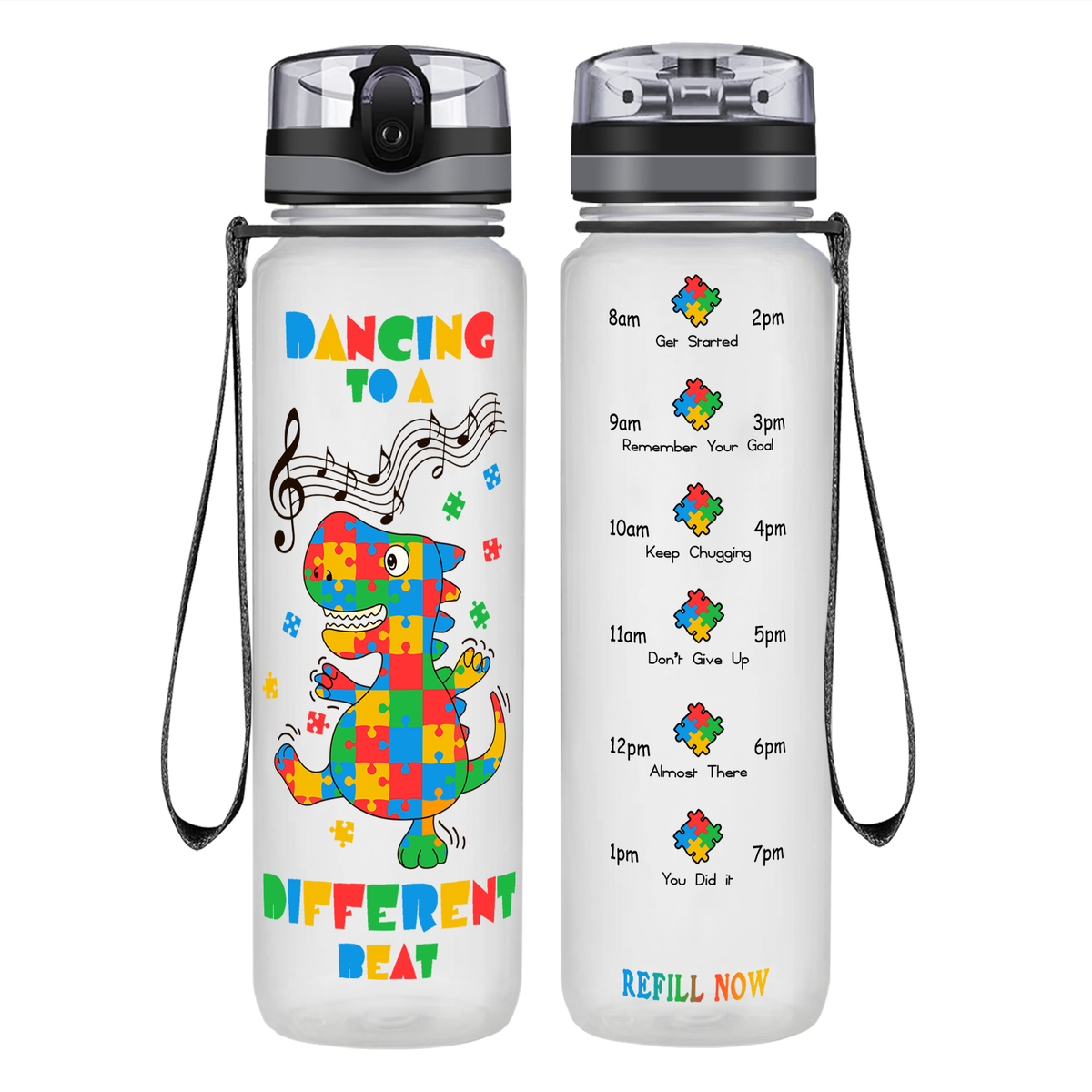 Dancing Dino Different Beat Autism on 32 oz Motivational Tracking Water Bottle
