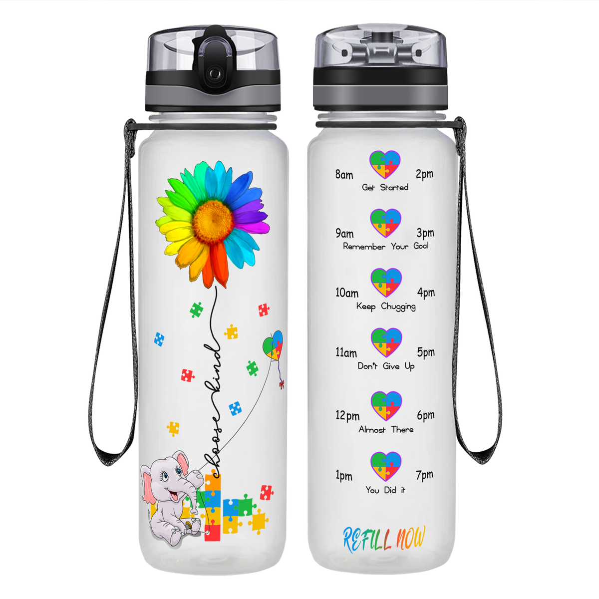 Autism Elephant Kindness Kite on 32 oz Motivational Tracking Water Bottle