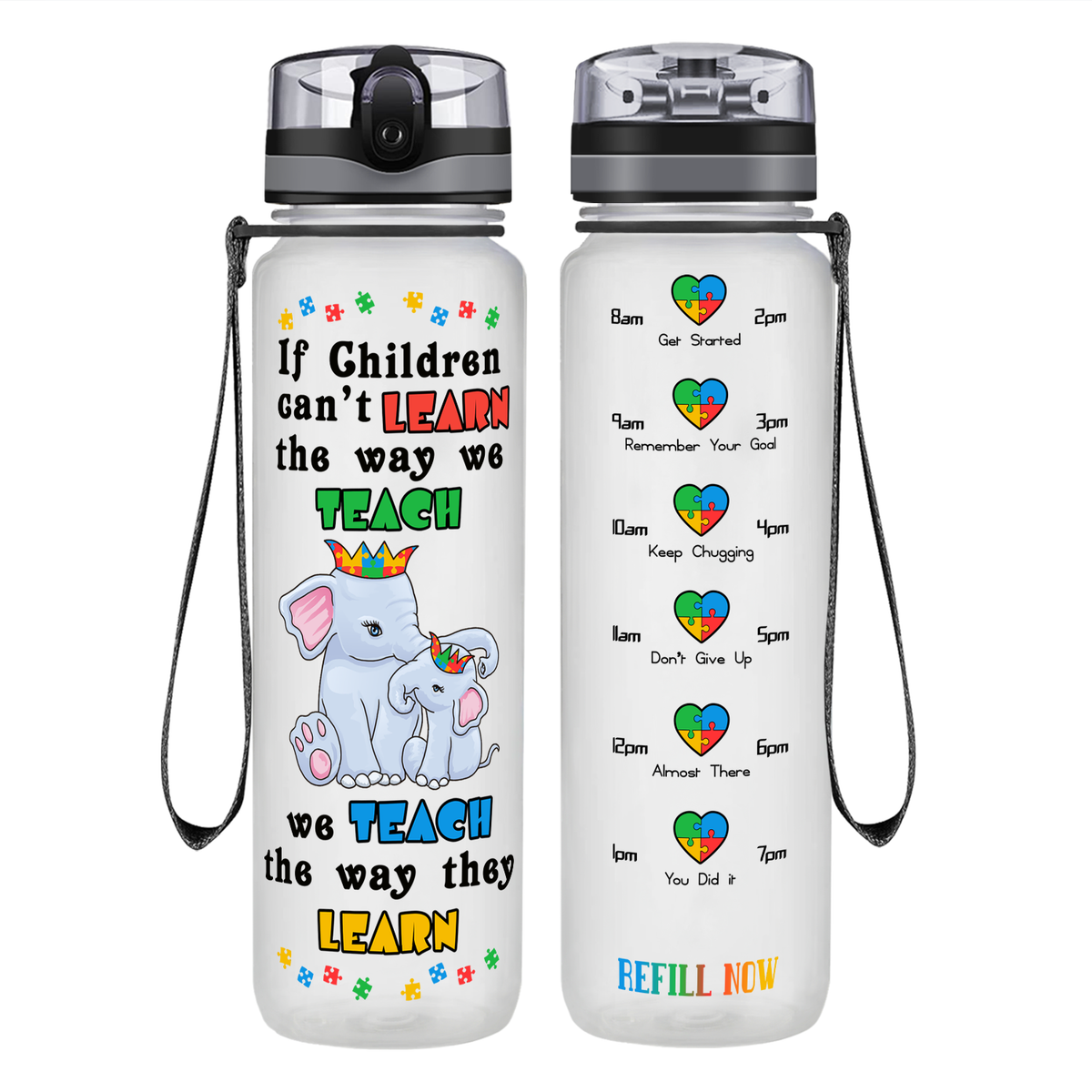 Teach The Way They Learn Elephants on 32 oz Motivational Tracking Autism Water Bottle