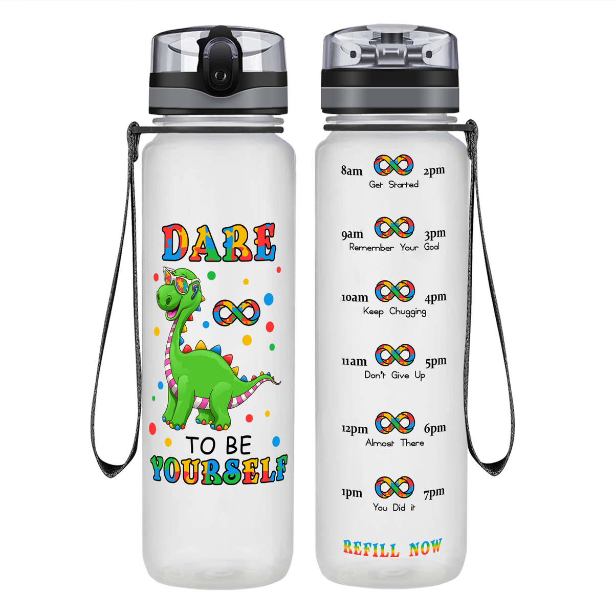 Dinosaur Dare To Be Yourself on 32 oz Motivational Tracking Autism Water Bottle