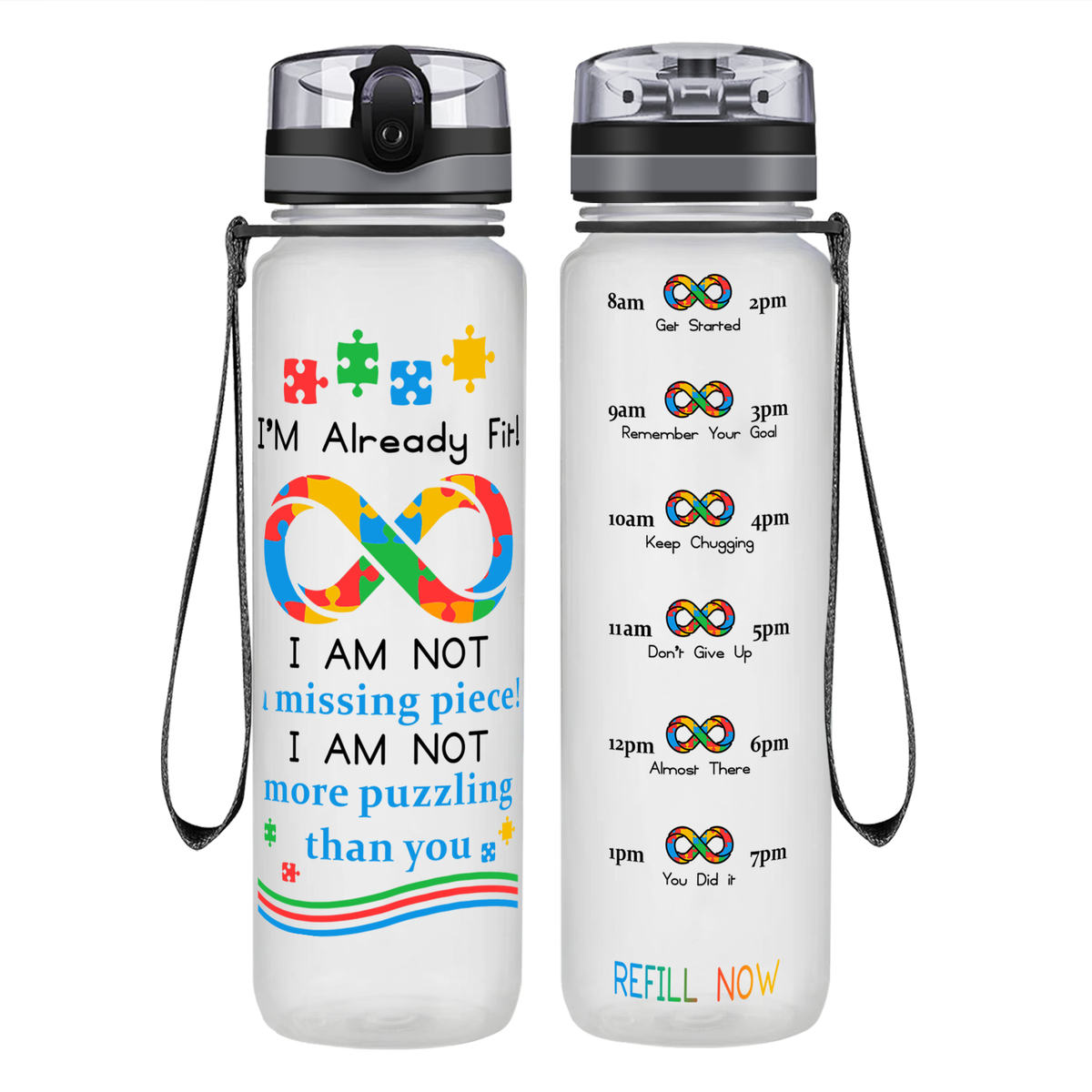 Already Fit Autism Infinity Puzzle on 32 oz Motivational Tracking Water Bottle