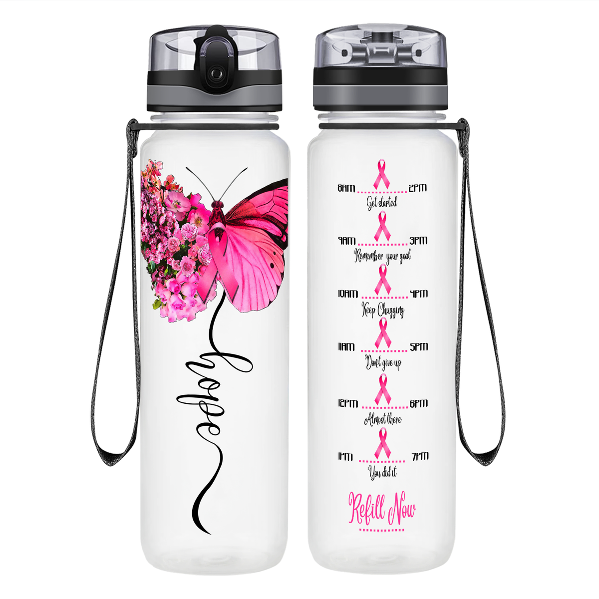Breast Cancer Hope Butterfly on 32 oz Motivational Tracking Breast Cancer Awareness Water Bottle