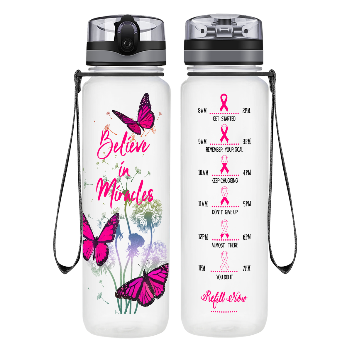 Believe in Miracles on 32 oz Motivational Tracking Breast Cancer Awareness Water Bottle