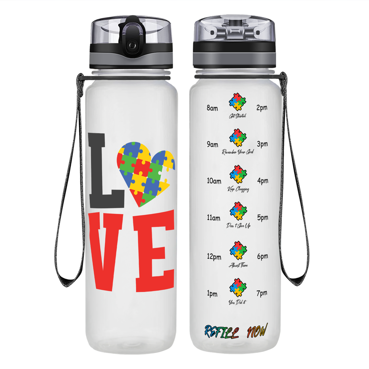 Autism Love on 32 oz Motivational Tracking Water Bottle