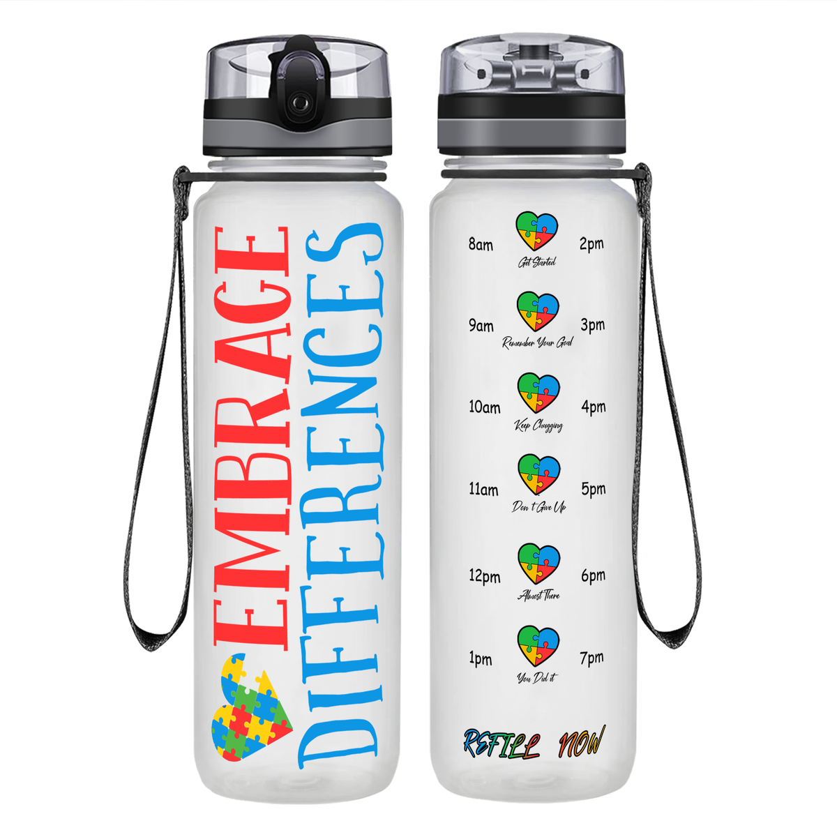 Embrace Differences on 32 oz Motivational Tracking Autism Water Bottle