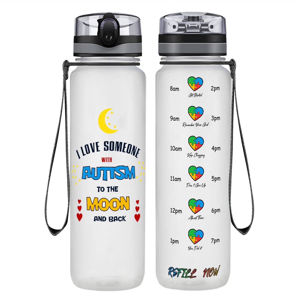 I Love Someone with Autism on 32 oz Motivational Tracking Water Bottle