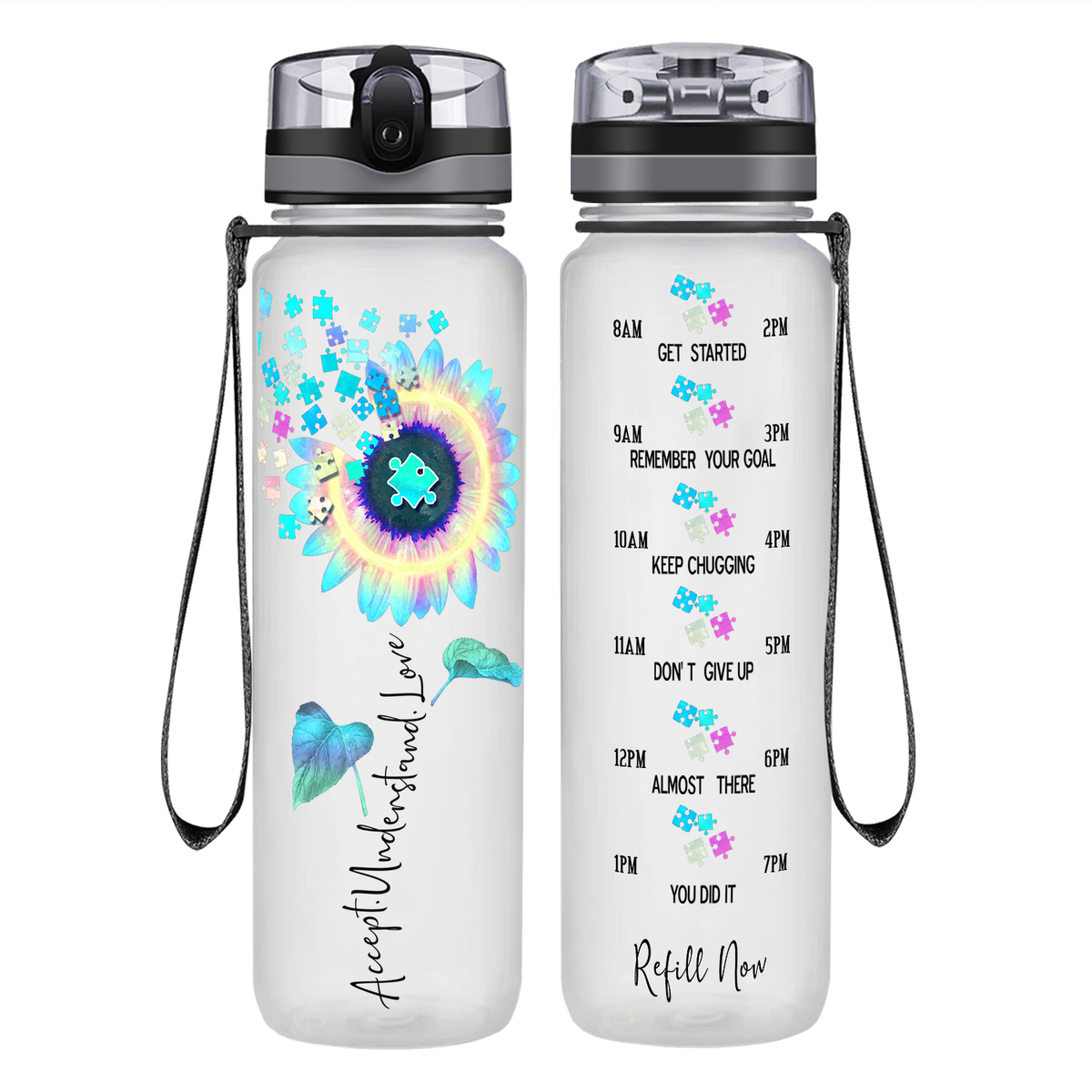 Accept Understand Love Autism Sunflower 32 oz Motivational Tracking Water Bottle
