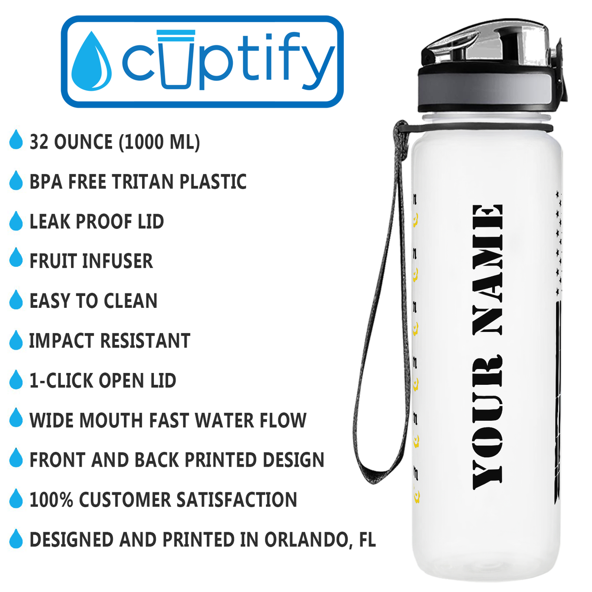 Personalized Distressed Thin Gold Line Flag on 32 oz Motivational Tracking Water Bottle