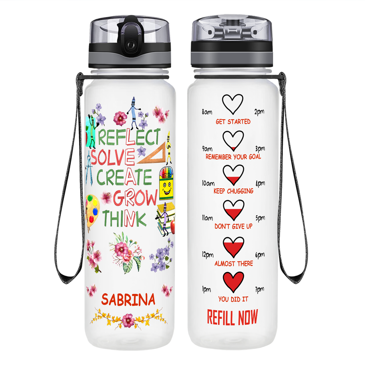 Personalized Reflect Solve Create Grow Think on 32 oz Motivational Tracking Water Bottle