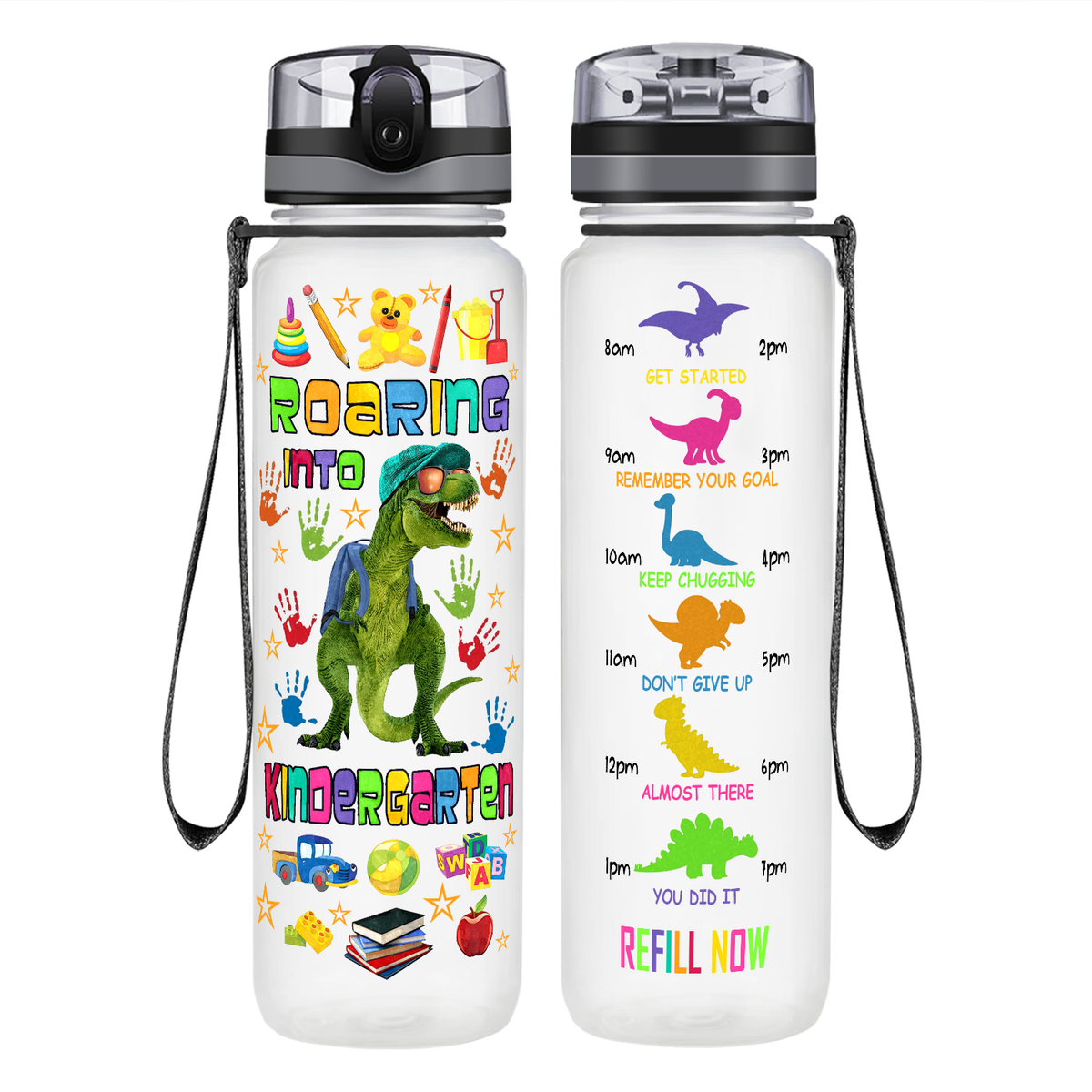 Roaring Into Kindergarten on 32 oz Motivational Tracking Water Bottle