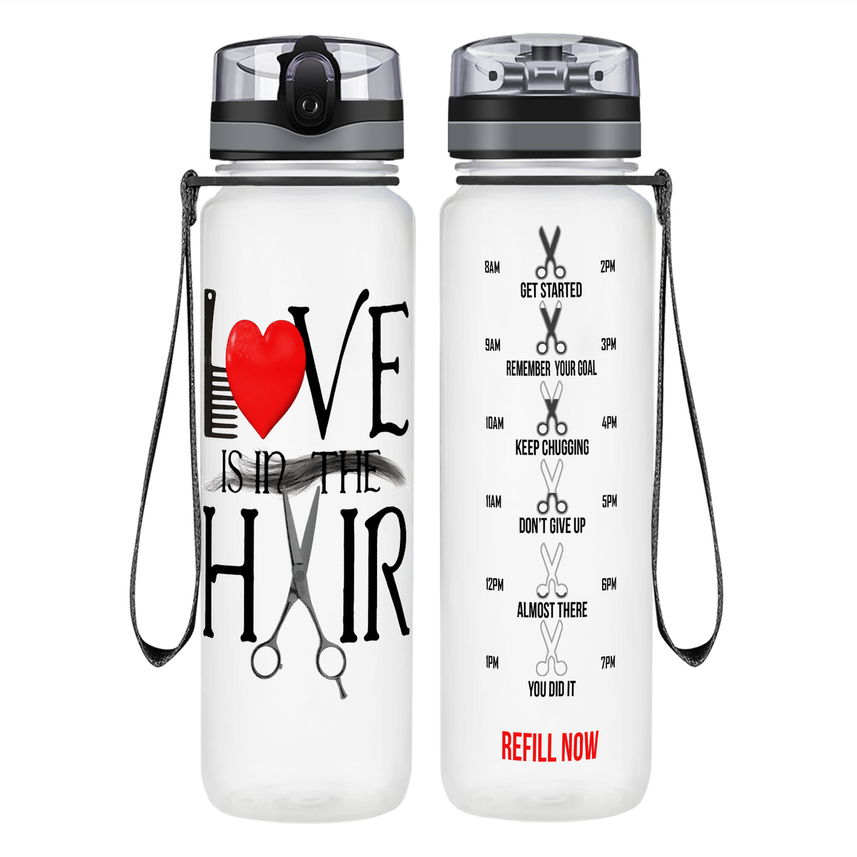 Love Is In The Hair on 32 oz Motivational Tracking Water Bottle