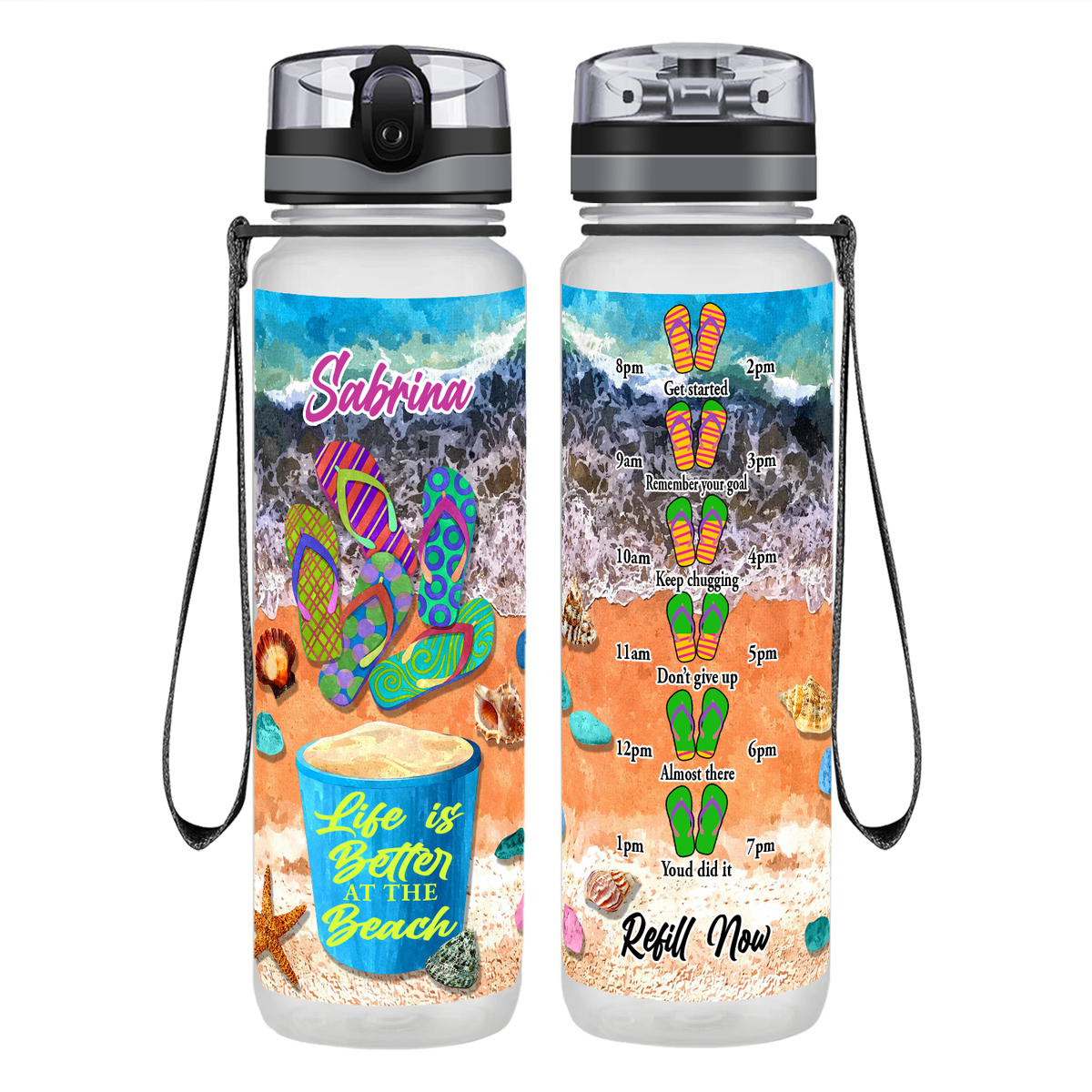 Personalized Life is Better at the Beach Bucket on 32 oz Motivational Tracking Water Bottle