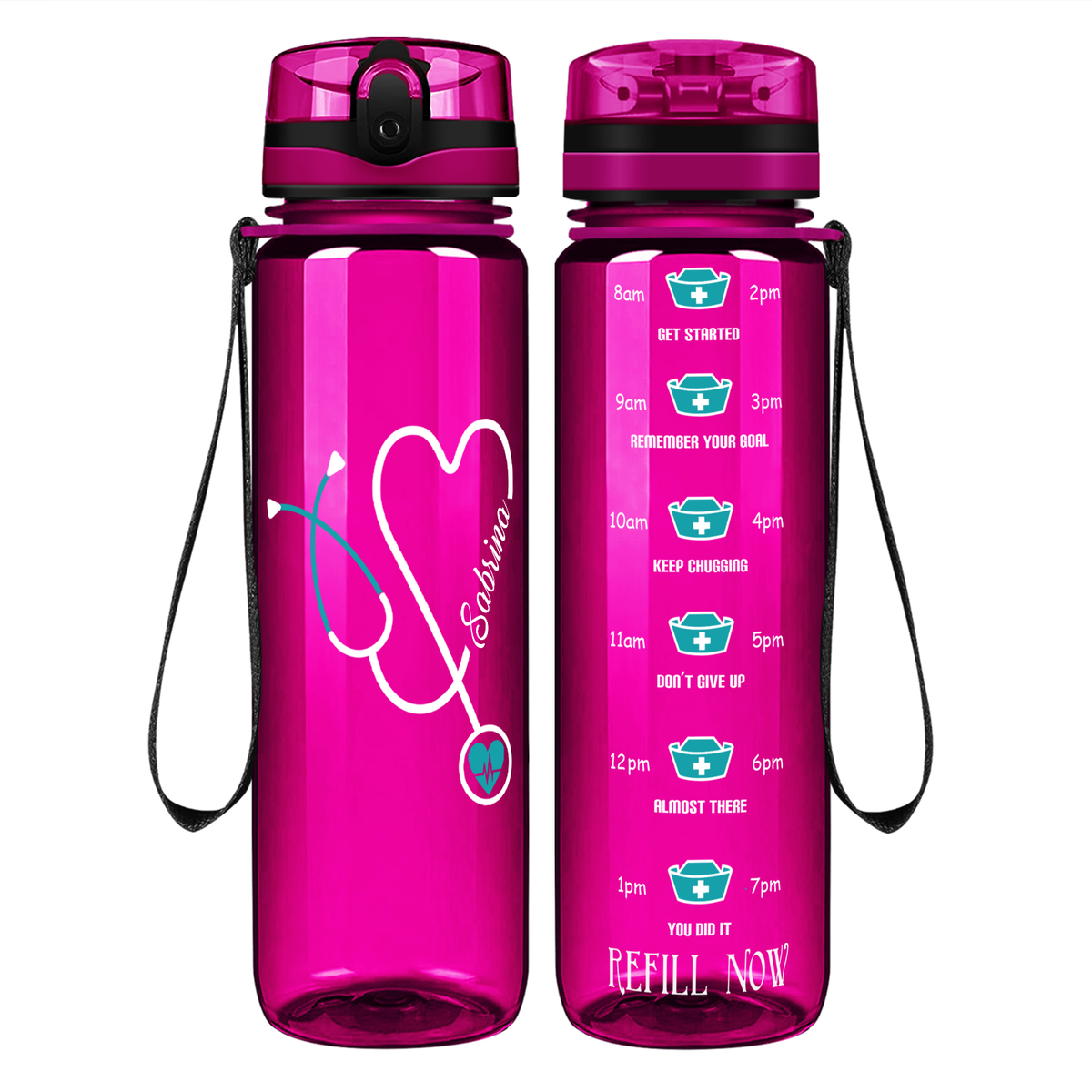 Personalized Nurse Water Bottle Green Stethoscope Heart on 32oz Motivational Tracking Water Bottle
