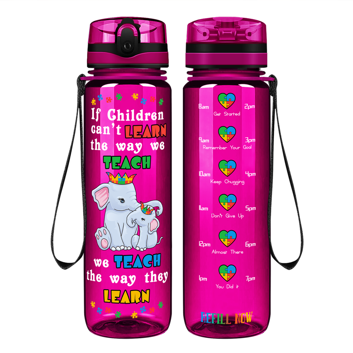 Teach The Way They Learn Elephants on 32 oz Motivational Tracking Autism Water Bottle