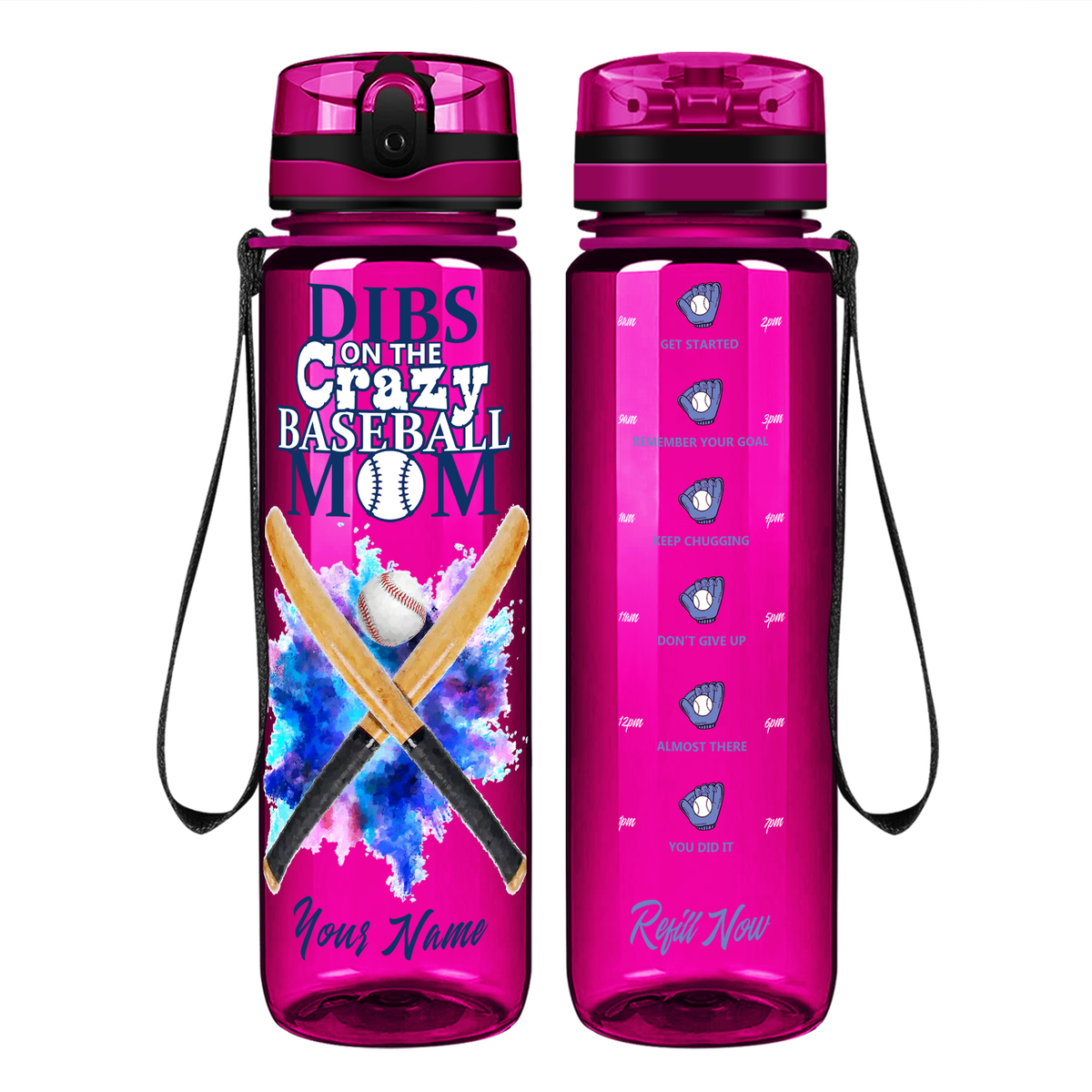 Personalized Dibs on the Baseball Mom on 32 oz Motivational Tracking Water Bottle