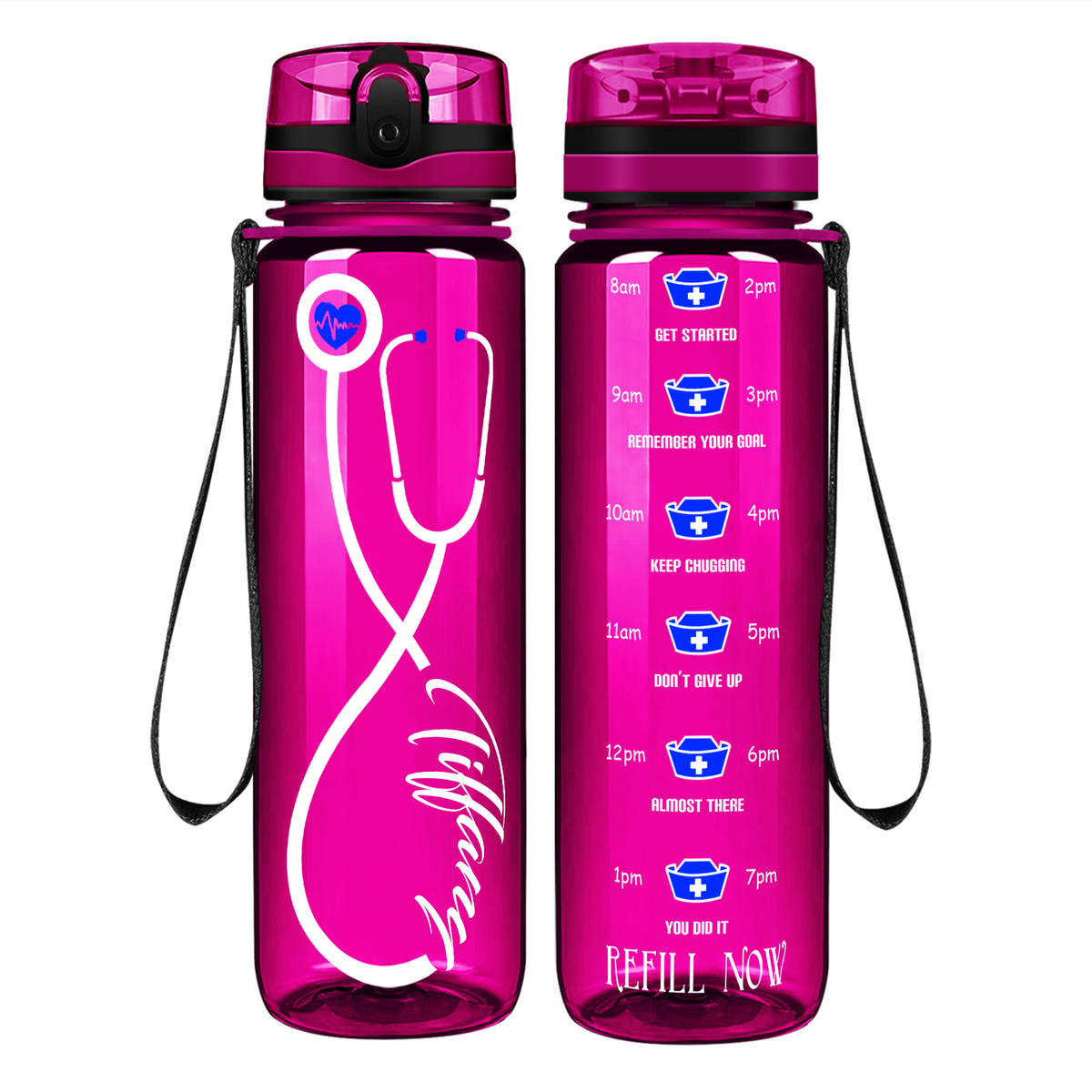 Personalized Nurse Stethoscope Blue on 32oz Motivational Tracking Water Bottle