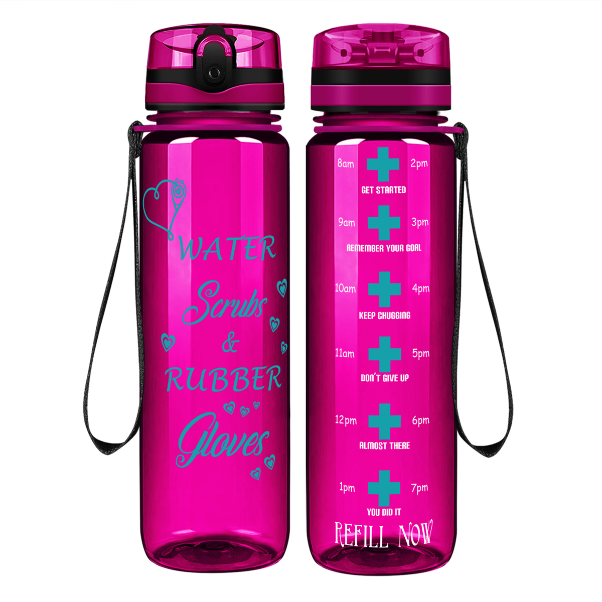 Water Scrubs and Rubber Gloves on 32oz Motivational Tracking Nurse Water Bottle