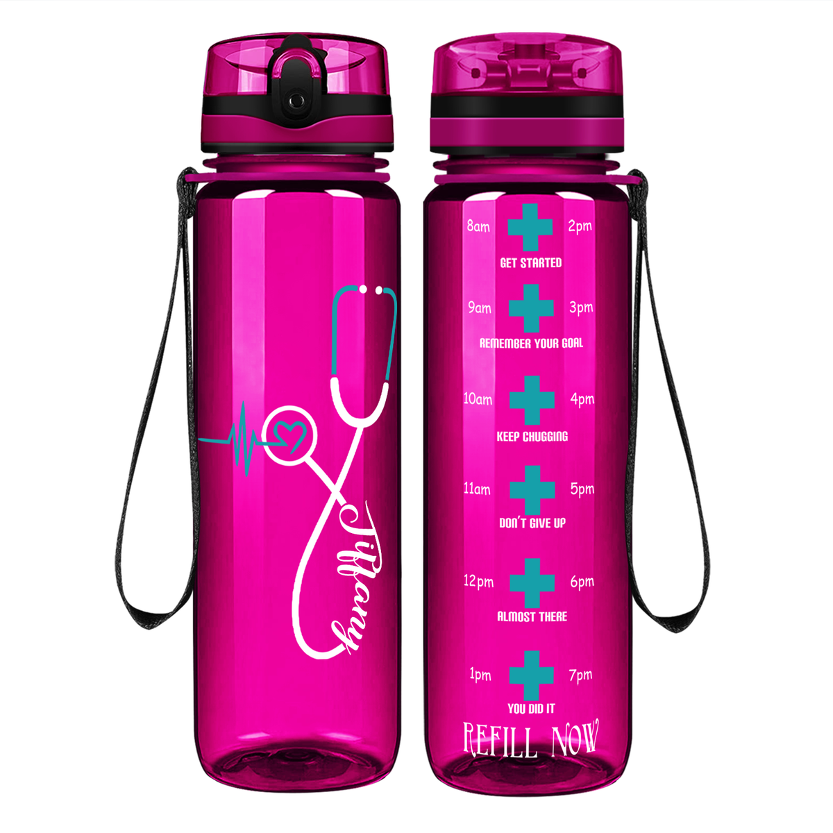 Personalized Seafoam Heart Nursing Stethoscope on 32oz Motivational Tracking Water Bottle