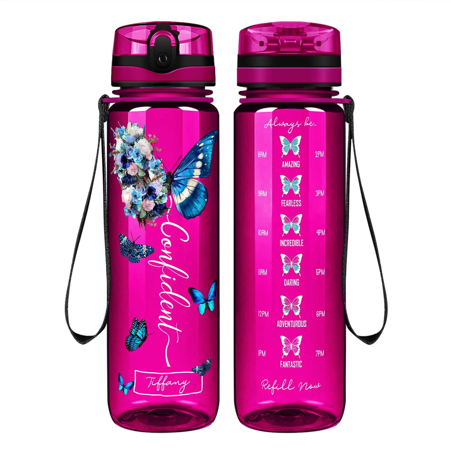 Personalized Confident Inspirational Blue Butterfly on 32 oz Motivational Tracking Water Bottle