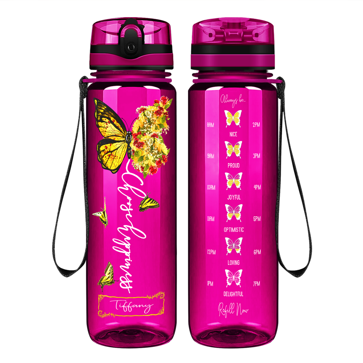 Personalized Choose Happiness Yellow Butterfly on 32 oz Motivational Tracking Water Bottle