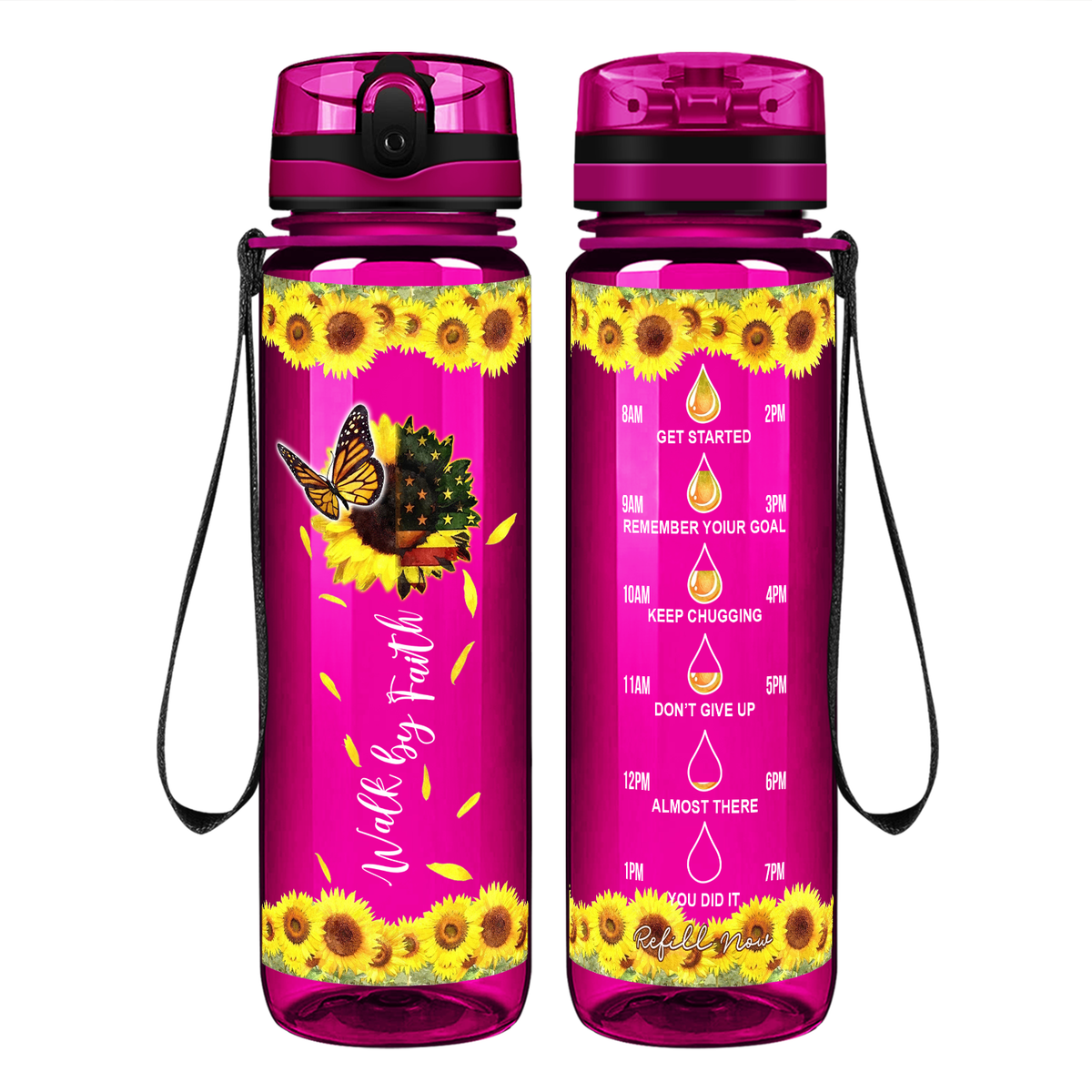 Walk by Faith American Sunflower on 32 oz Motivational Tracking Water Bottle