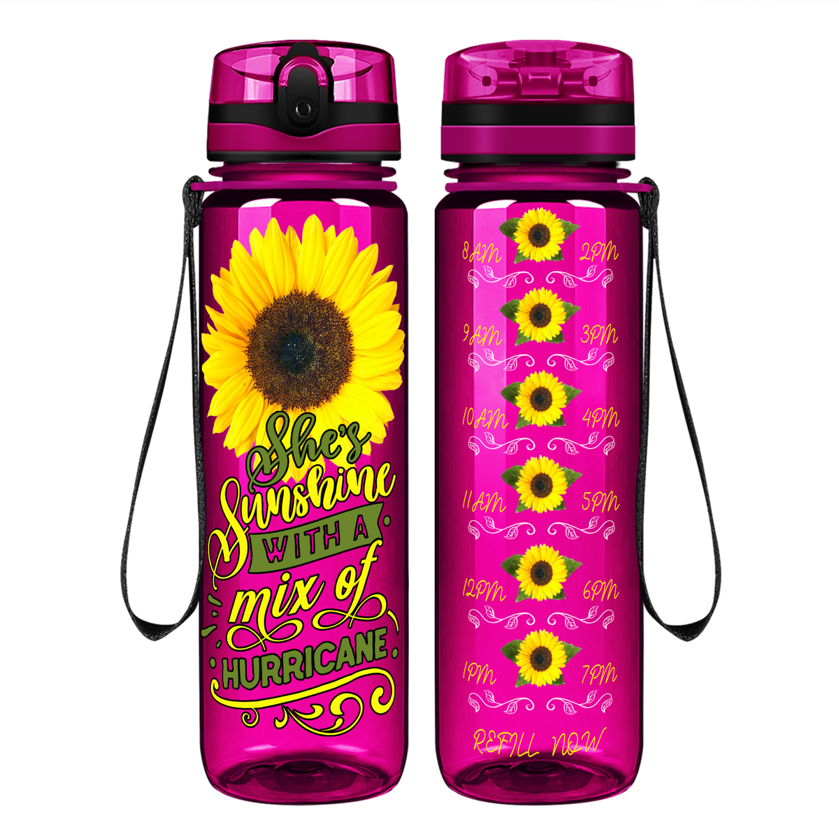 She's Sunshine with a Mix of Hurricane on 32 oz Motivational Tracking Sunflowers Water Bottle