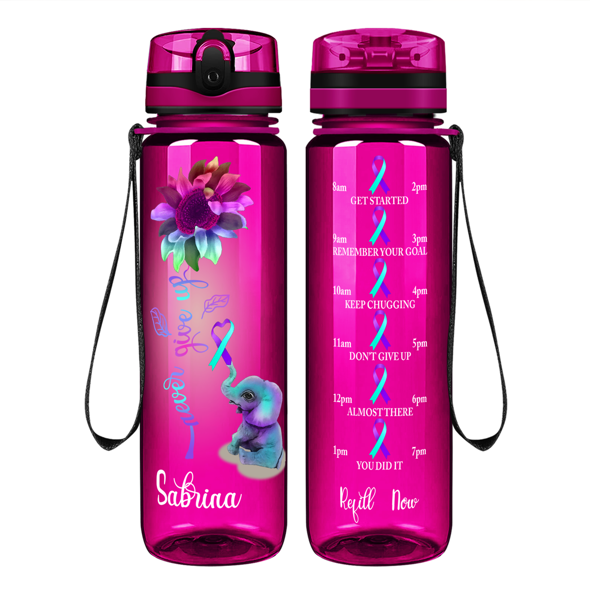 Personalized Never Give Up Elephant on 32 oz Motivational Tracking Water Bottle