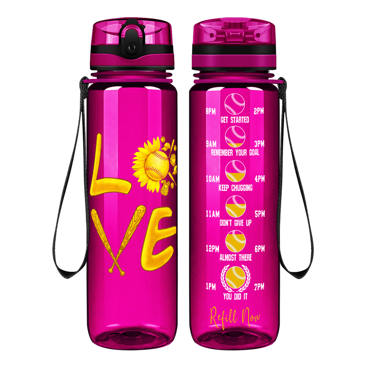 Love Softball Flower on 32 oz Motivational Tracking Water Bottle