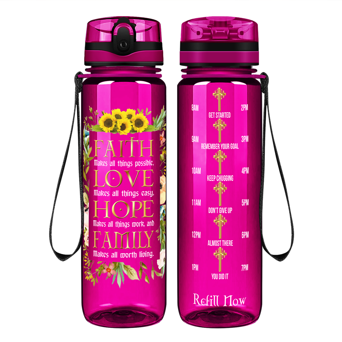 Faith Love Hope Family on 32 oz Motivational Tracking Water Bottle