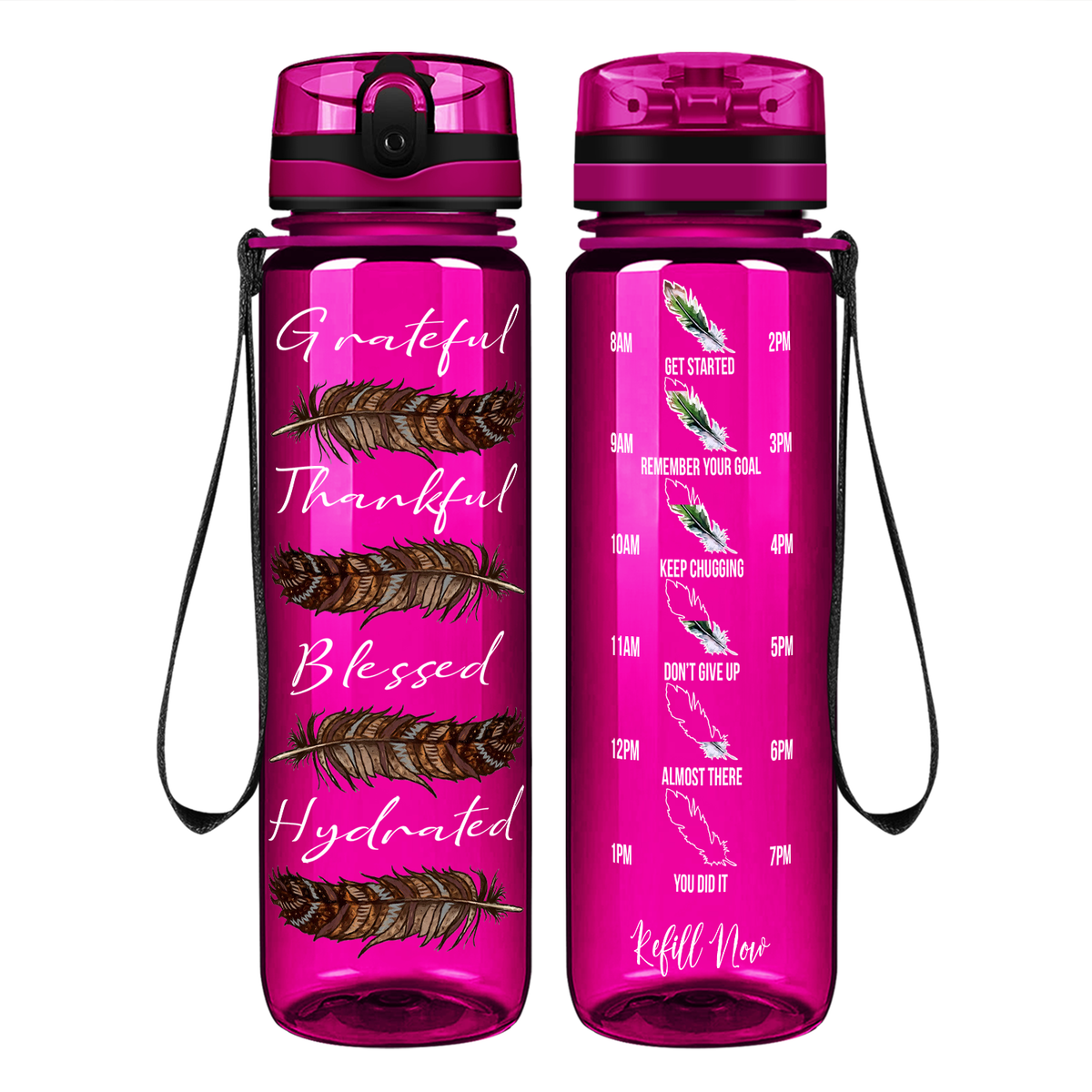 Grateful Thankful Blessed Hydrated with Feathers on 32 oz Motivational Tracking Water Bottle