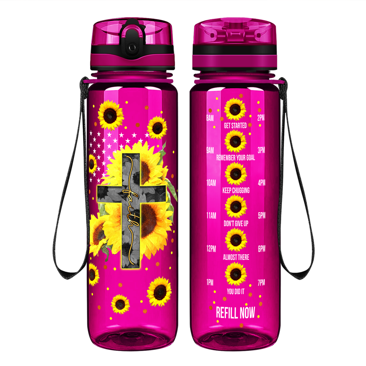 Faith Cross Sunflowers on 32 oz Motivational Tracking Water Bottle