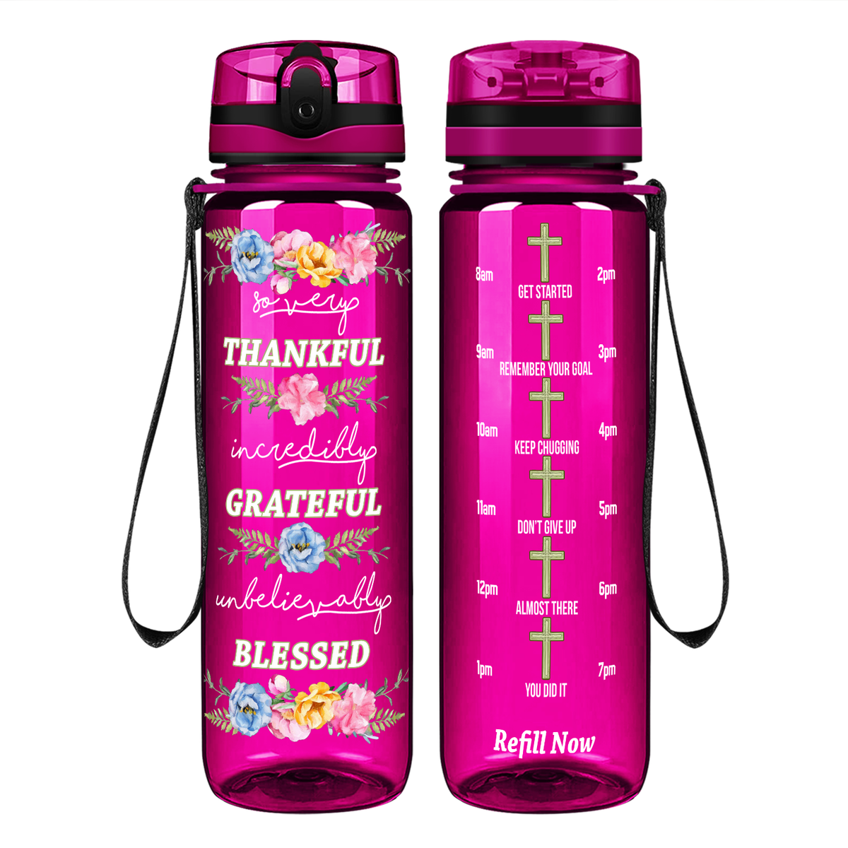 Thankful Grateful Blessed on 32 oz Motivational Tracking Water Bottle