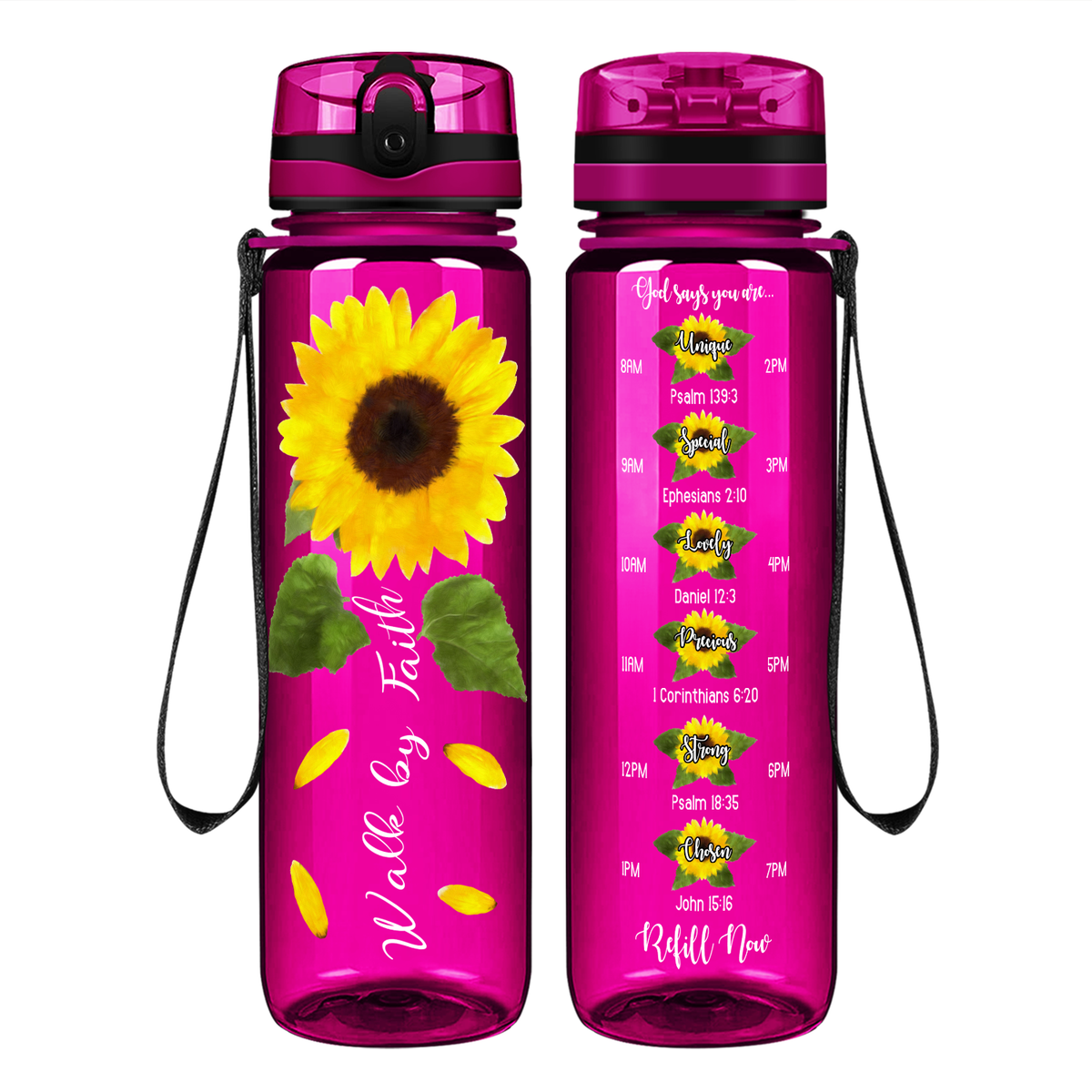 Walk By Faith Sunflower on 32 oz Motivational Tracking Water Bottle