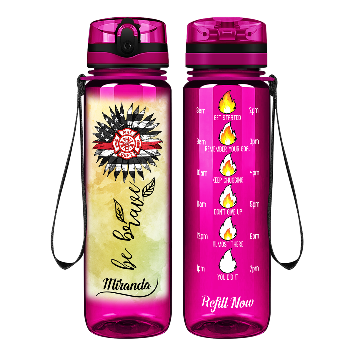 Personalized Firefigher Be Brave on 32 oz Motivational Tracking Water Bottle