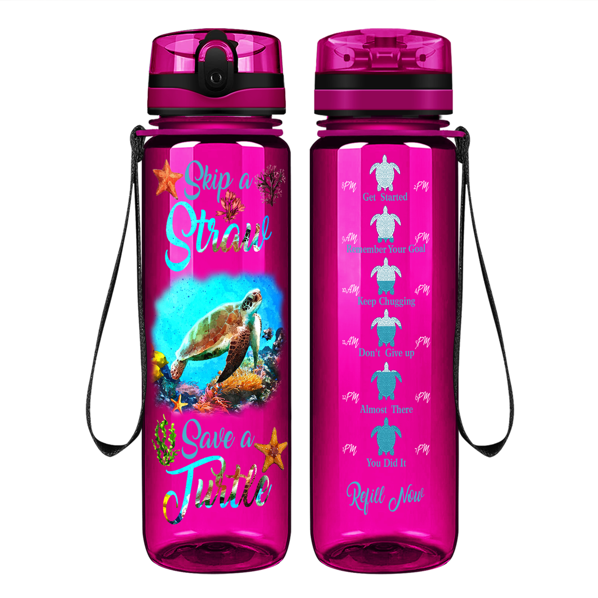 Skip A Straw Save A Turtle on 32 oz Motivational Tracking Water Bottle