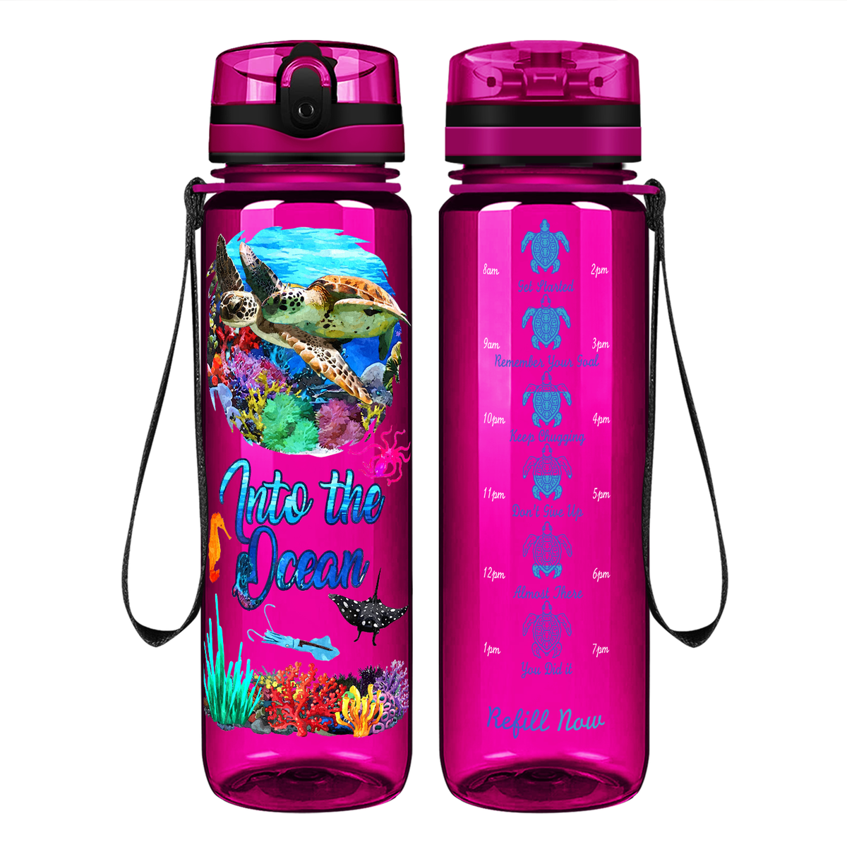 Turtles Into The Ocean on 32 oz Motivational Tracking Water Bottle