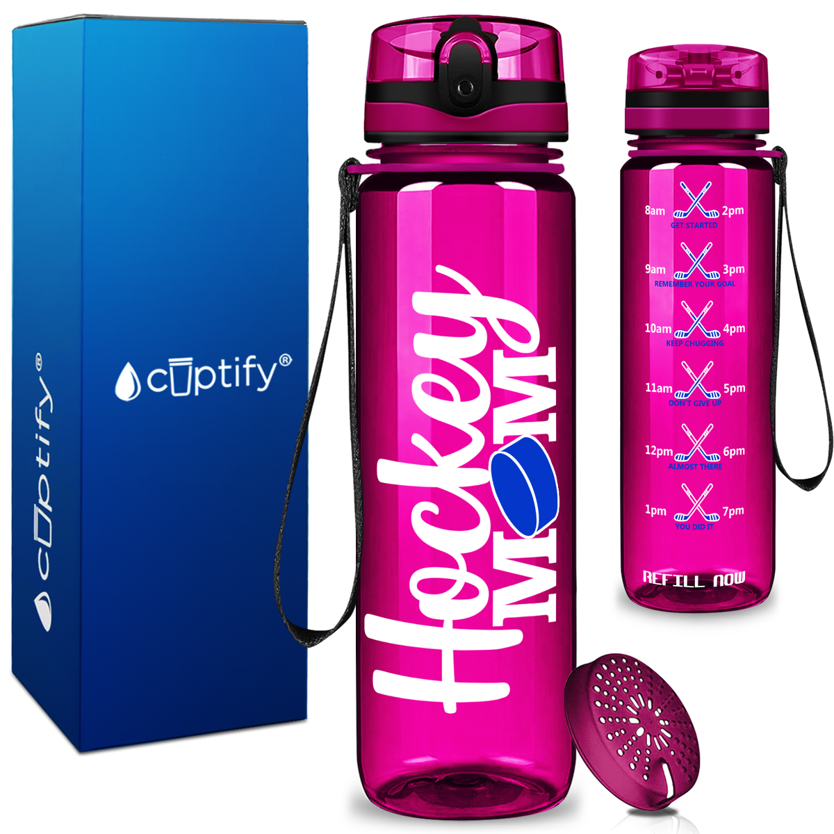 Hockey Mom with Puck on 32 oz Motivational Tracking Water Bottle