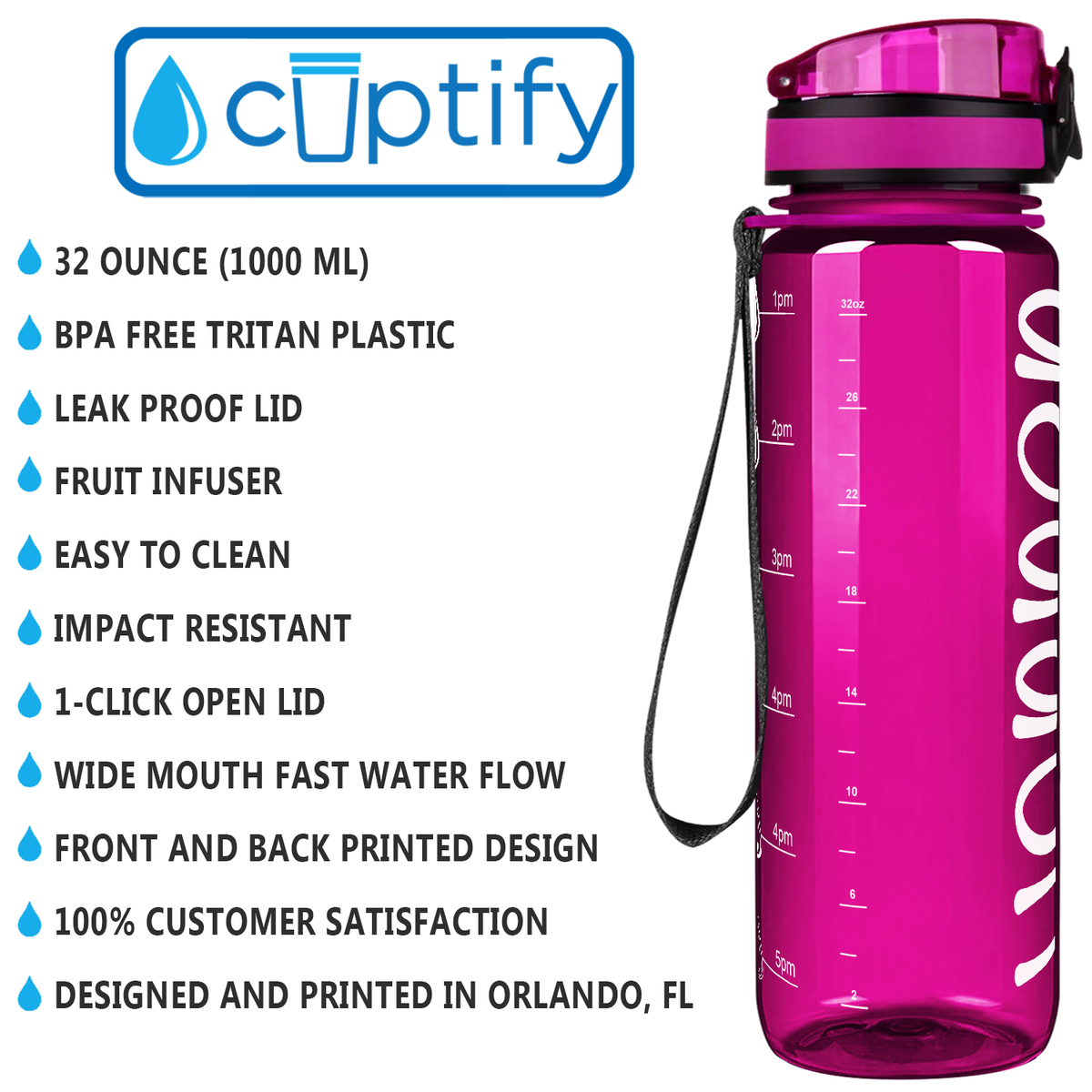 Kids Personalized on Fuchsia 32 oz Motivational Tracking Water Bottle