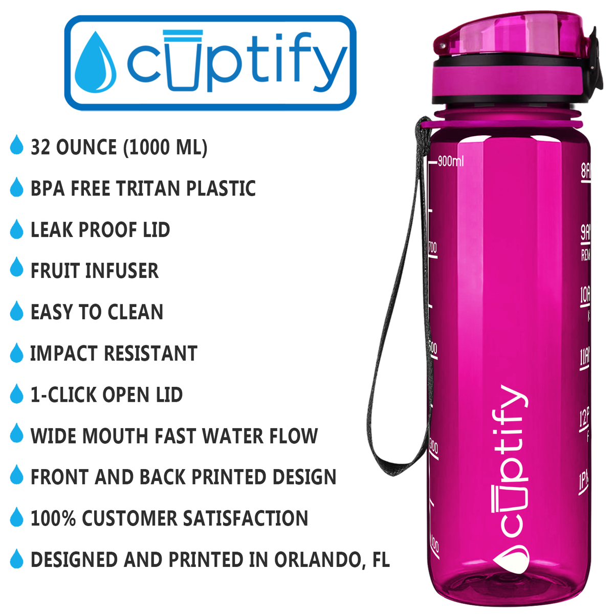 Cuptify Fuchsia Gloss 32 oz Motivational Water Bottle