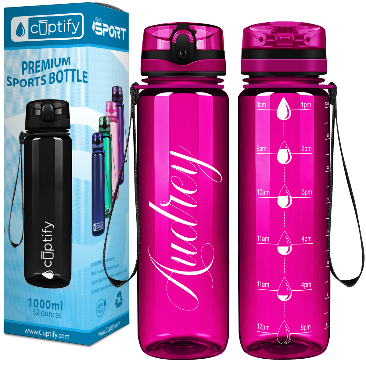 Fuchsia 32 oz Personalized Motivational Tracking Water Bottle