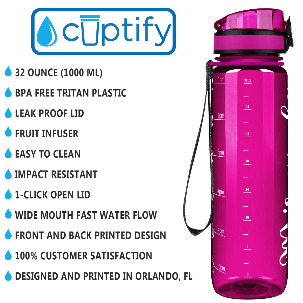 Fuchsia 32 oz Personalized Motivational Tracking Water Bottle