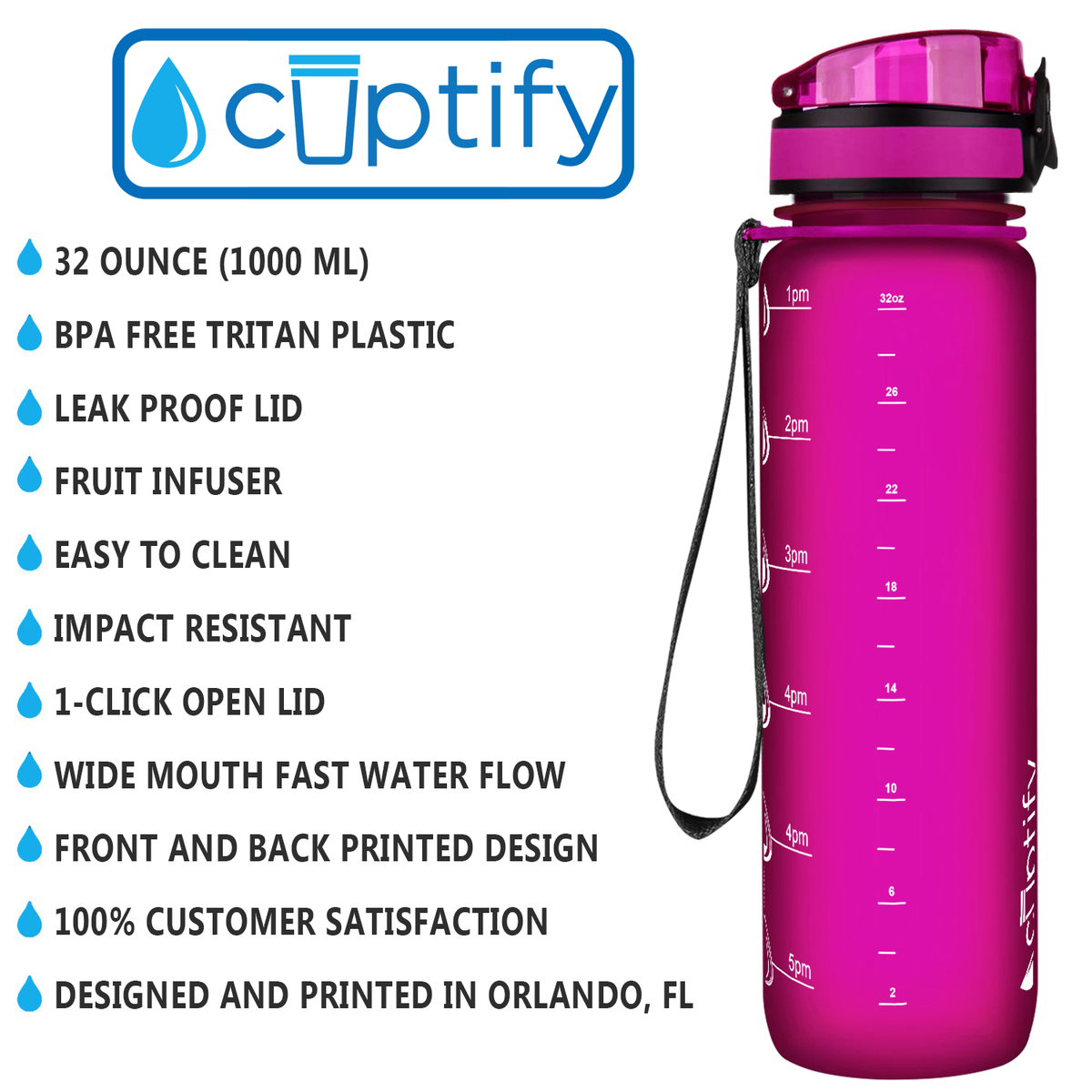 Fuchsia Frosted 32 oz Hydration Tracker Water Bottle