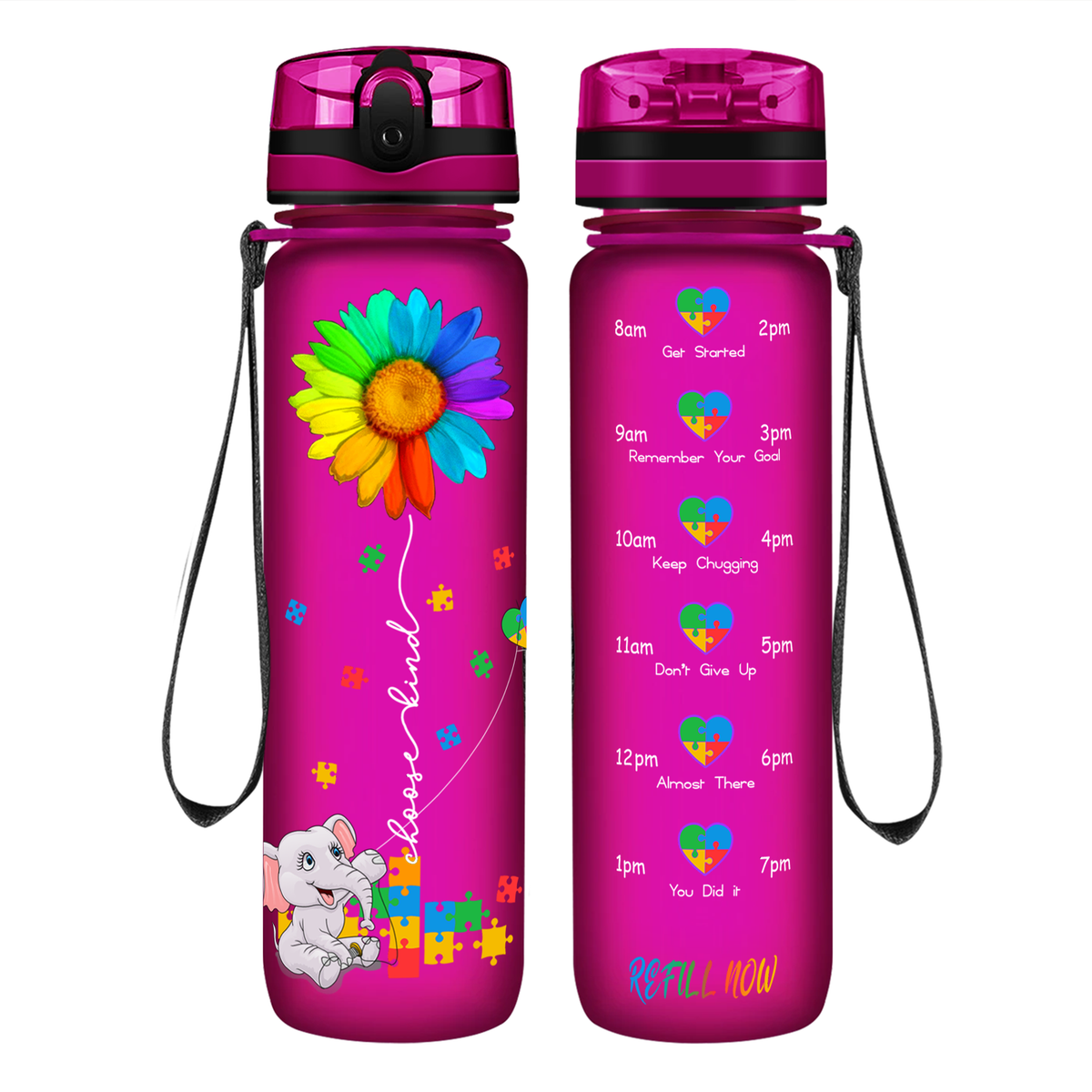 Autism Elephant Kindness Kite on 32 oz Motivational Tracking Water Bottle