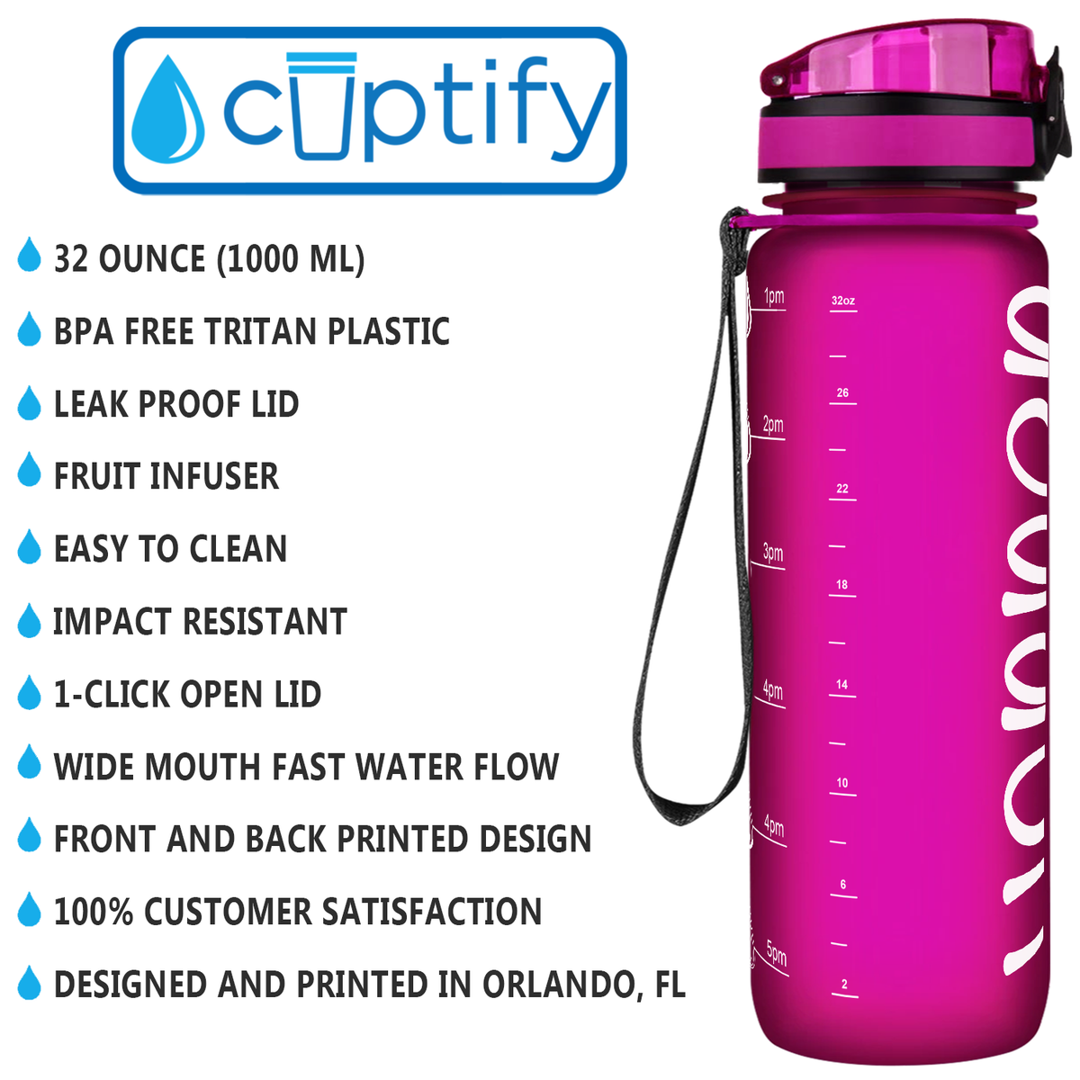 Kids Personalized on Fuchsia Frosted 32 oz Motivational Tracking Water Bottle