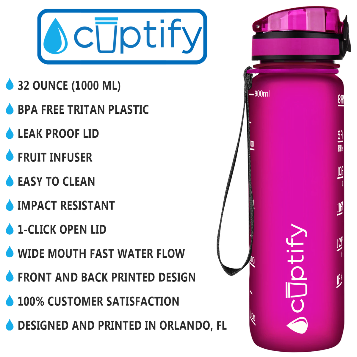 Cuptify Fuchsia Frosted 32 oz Motivational Water Bottle