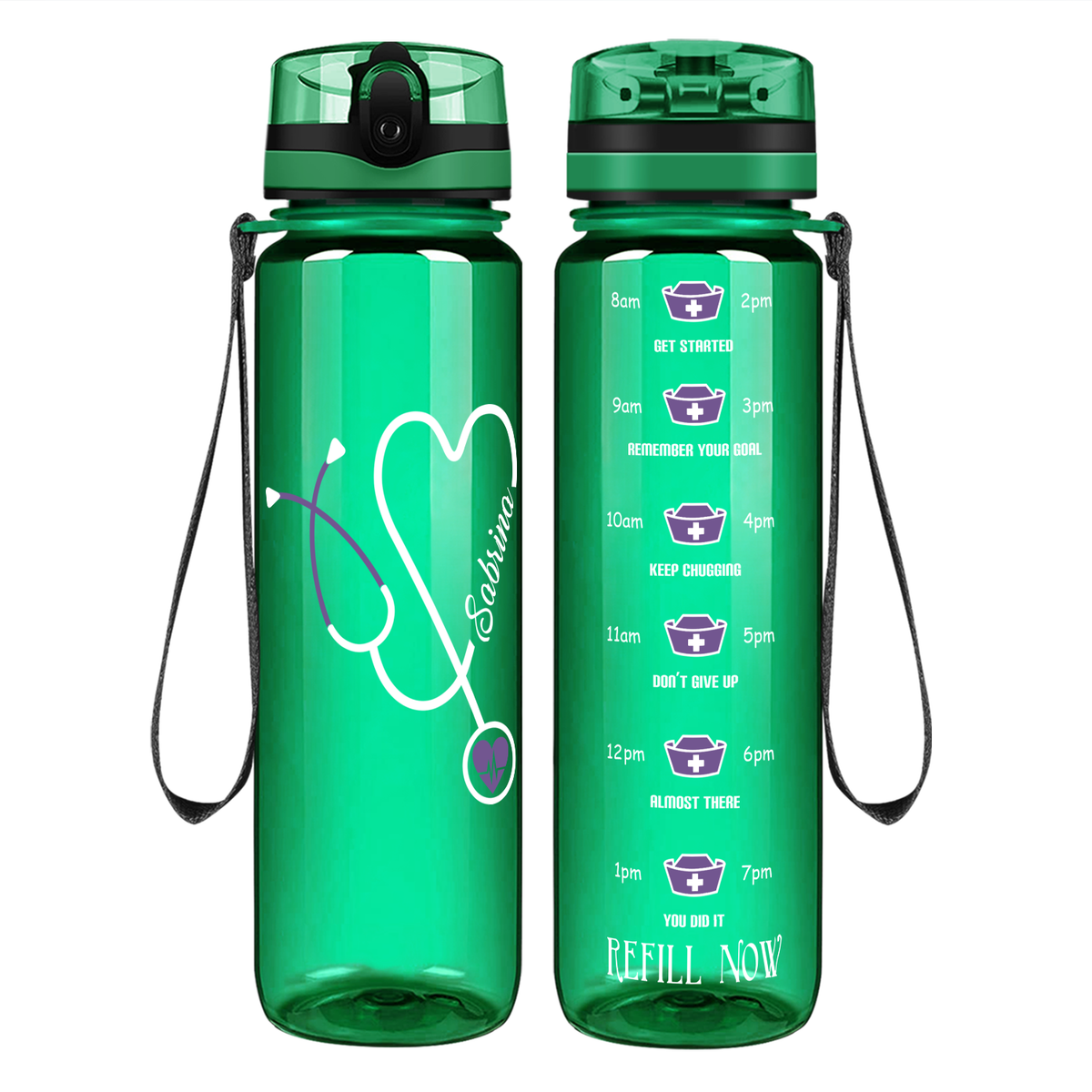 Personalized Nurse Water Bottle Stethoscope Purple 32oz Motivational Tracking Bottle