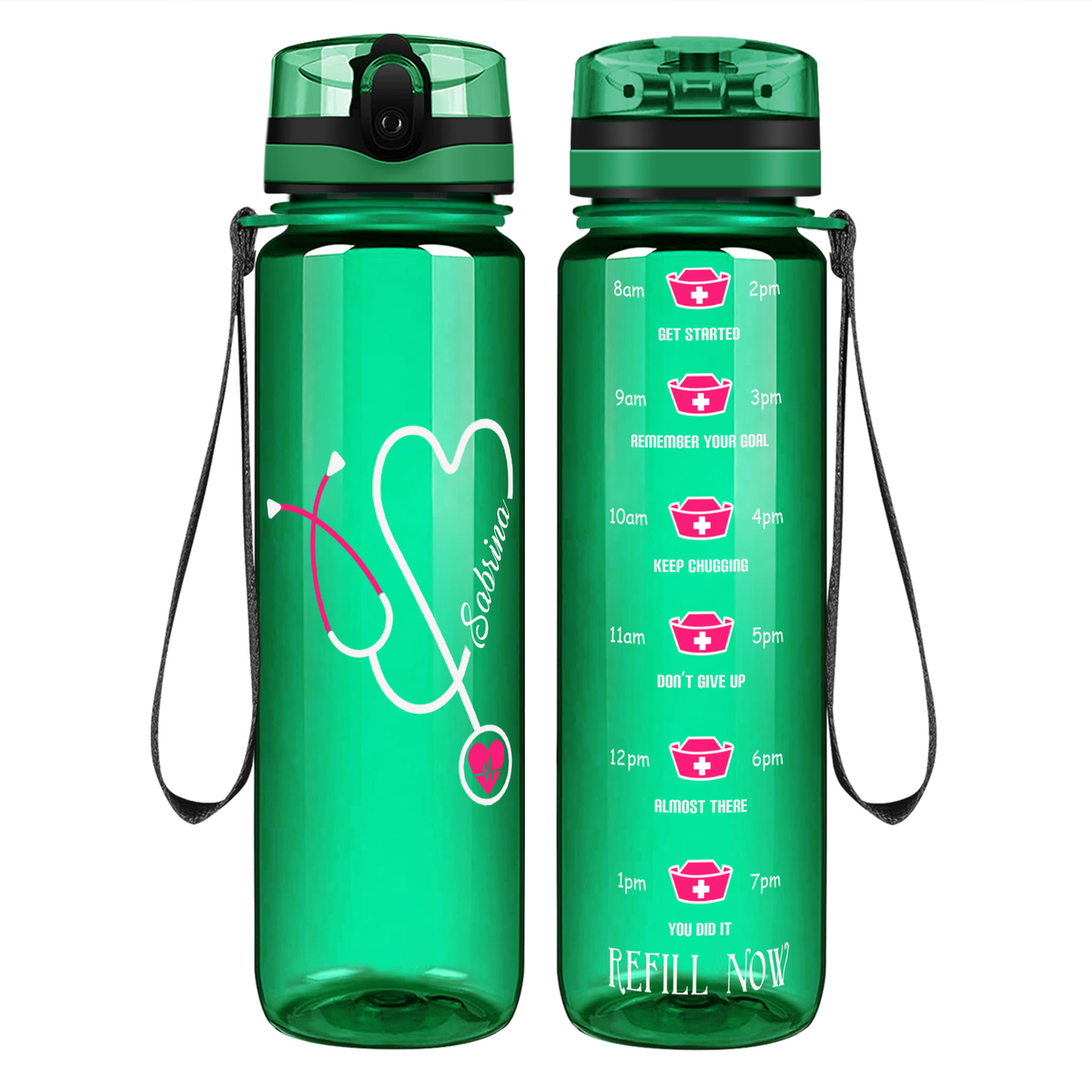 Personalized Nurse Pink Stethoscope Heart on 32oz Motivational Water Bottle